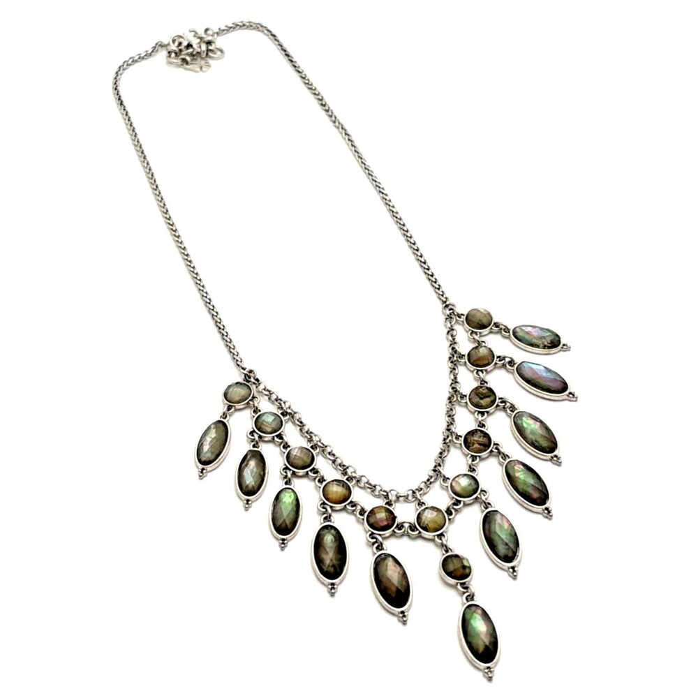 NEW Lucky Brand Faux Abalone Shell Teardrop Fringe Bib Necklace Silver Tone NWOT